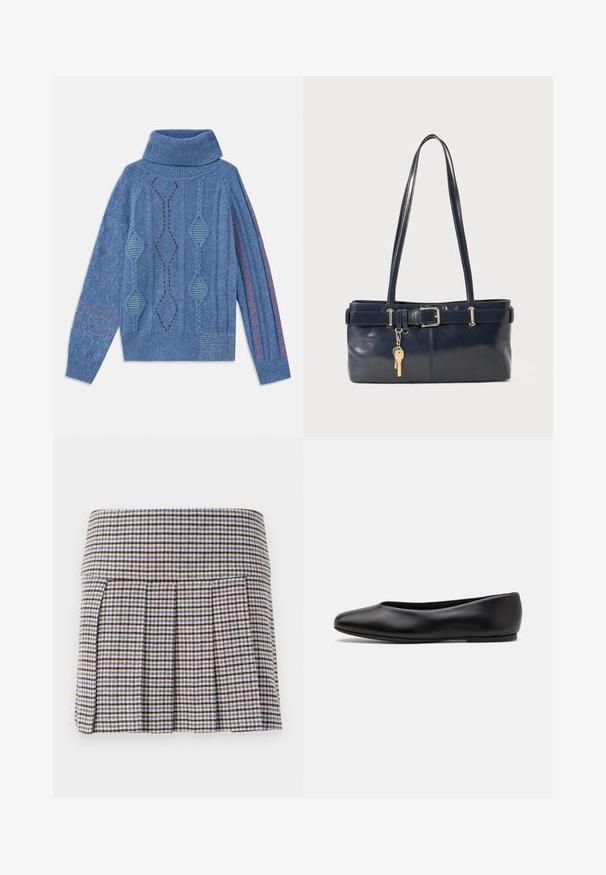 Sininen neulepusero, jossa on korkea kaulus, esittelee geometrisia kuvioita, tekstuuriset yksityiskohdat sekä kontrastoivia punaisia ja vihreitä brodeerauksia.; Valkoinen hame ruskeassa, beigeessä ja sinisessä ruutukuosissa. Valmistettu teksturoidusta kankaasta, jossa on napakka vyötärö ja koristeelliset laskokset.; Paul Smith TOPANGA - Ballerinat - black; La handbagin sininen nahka, jossa on kaksi pitkää kahvaa, Buckle-yksityiskohta ja avaimenperä kiinnitettynä. Sen pinta on sileä ja muoto on suorakulmainen.