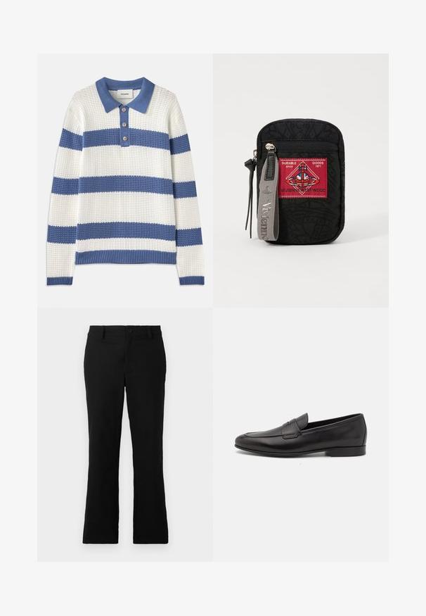 Pullover in white and blue horizontal stripes, knit texture, collared with three buttons. Ribbed cuffs and hem, relaxed fit.; Black flared trousers made of cotton blend fabric, featuring a button closure, belt loops, and a smooth texture with no visible patterns.; Black leather men's loafer with a low heel and a classic penny strap design, shown in side profile on a white background.; Black pouch with textured fabric, featuring a red patch with logo, zip closure, and a gray strap with embossed brand name.