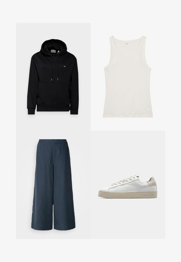 Fekete kapucnis pulóver elülső zsebbe, húzózsinórral és puha anyagból készült. A mellkason egy kis hímzett logó található, valamint bordás mandzsetta jellemzi.; Fehér pamut ujjatlan felső széles nyakkivágással és vékony pántokkal. Sima felület, látható minták vagy díszítések nélkül.; Sötétkék, bőszárú nadrág könnyű anyagból. Enyhén texturált felülettel, rugalmas derékkal és elülső varratokkal rendelkezik.; Fehér bőr sportcipő sima felülettel, bézs velúr díszítéssel, kerek orrrésszel, lapos fűzős kivitelben, és mintás gumitalppal.