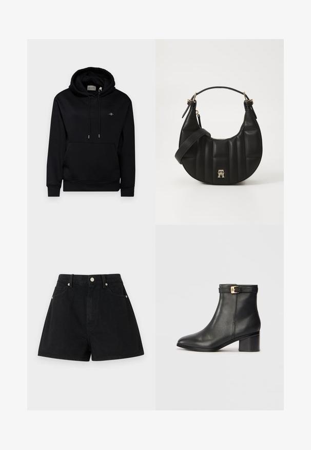 Sudadera negra con bolsillo frontal, cordones y tejido suave. Presenta un pequeño logo bordado en el pecho y puños acanalados.; Bermudas de mezclilla negra con cintura alta, cinco bolsillos, herrajes en plata y un ajuste estándar, que cuentan con una textura suave y un acabado limpio.; Botines de cuero negro hasta el tobillo con una textura suave, punta redondeada y un acento de hebilla en tono dorado en la correa del tobillo. Diseño de tacón cuadrado.; Bolso de cuero negro con forma curvada, textura acolchada y herrajes dorados. Presenta una correa de hombro desmontable y un detalle de logo.