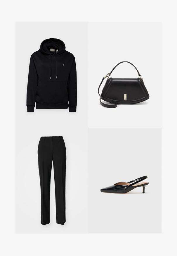 Felpa nera con cappuccio, tasca frontale, cordini e tessuto morbido. Presenta un piccolo logo ricamato sul petto e polsini a coste.; Pantaloni neri su misura con un design a gamba dritta, caratterizzati da una texture liscia e pieghe ben definite sul davanti. Senza hardware visibile.; Décolleté slingback in vernice nera con punta affilata, tacco basso e design con aperture sul vamp. Accento in hardware color oro sul lato.; Borsa a mano in pelle nera con un design strutturato, caratterizzata da una forma corta, manico superiore e accessori in metallo dorato. Inclusa tracolla regolabile.