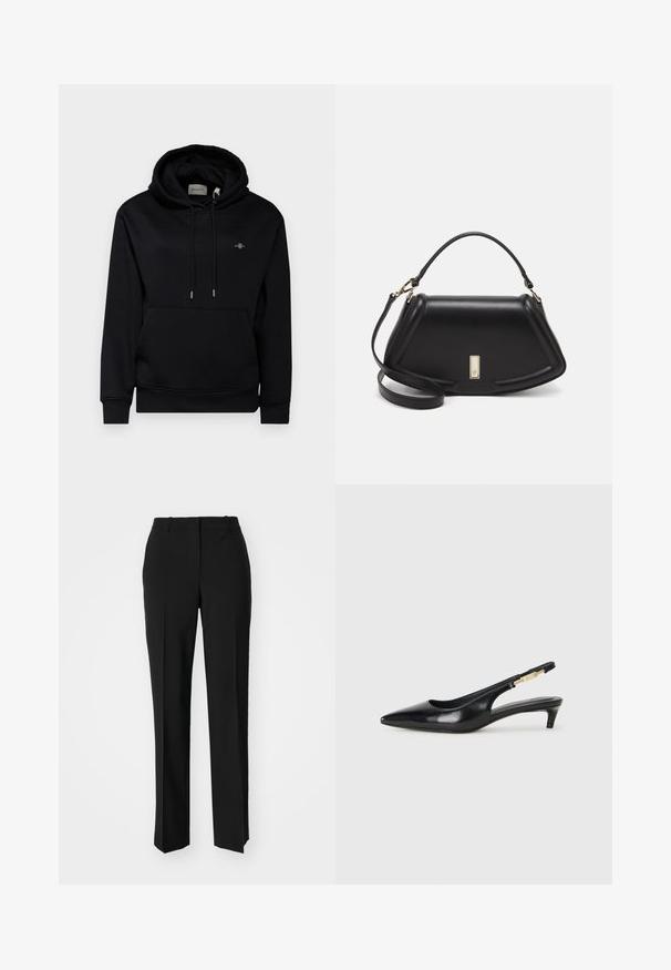 Felpa nera con cappuccio, tasca frontale, cordini e tessuto morbido. Presenta un piccolo logo ricamato sul petto e polsini a coste.; Pantaloni neri su misura con un design a gamba dritta, caratterizzati da una texture liscia e pieghe ben definite sul davanti. Senza hardware visibile.; Tacchi slingback in pelle nera con punta affusolata, caratterizzati da un tacco alto e un accento dorato sulla cinghia regolabile. Texture liscia.; Borsa a mano in pelle nera con un design strutturato, caratterizzata da una forma corta, manico superiore e accessori in metallo dorato. Inclusa tracolla regolabile.