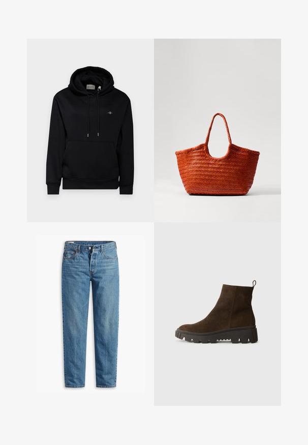 Schwarzer Hoodie mit einer Vorderentasche, Kordelzügen und weichem Stoff. Besitzt ein kleines gesticktes Logo auf der Brust und gerippte Bündchen.; Blaue Jeans aus Denim mit geradem Schnitt, ausgestattet mit einem Reißverschluss, zwei vorderen Taschen und subtilen Verfärbungen im gesamten Stoff.; Braune Wildleder-Ankle-Boots mit einer stabilen schwarzen Gummisohle, leichtem Absatz und einer Schlaufe auf der Rückseite für einfaches Anziehen.; DRAGON DIFFUSION NANTUCKET BASKET BIG - Handtasche - naranja