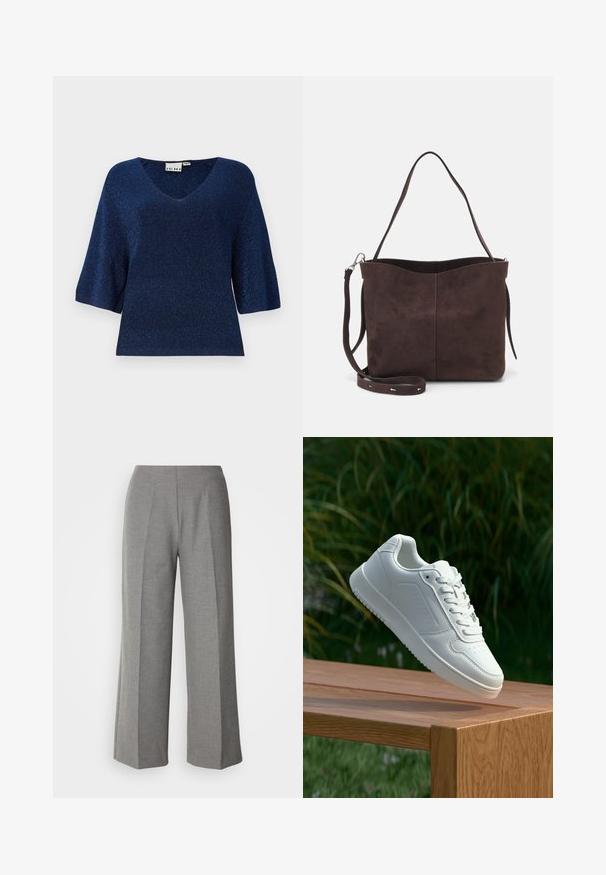 Mörkblå kortärmad tröja med V-ringning, tillverkad av ribbat tyg med en subtil metallisk glans och avslappnad passform.; Grå skräddarsydda vida byxor med en slät yta, som har en platt front och skarpa vecklinjer på varje ben.; Vita sneakers med en slät syntetisk ovandel, perforerat tåparti, platta snören och en strukturerad sula, placerade på en träyta.; Brun mockakläd väska med en mjuk textur, med en ensam axelrem och en subtilt rundad öppning upptill. Inga synliga detaljer i metall.