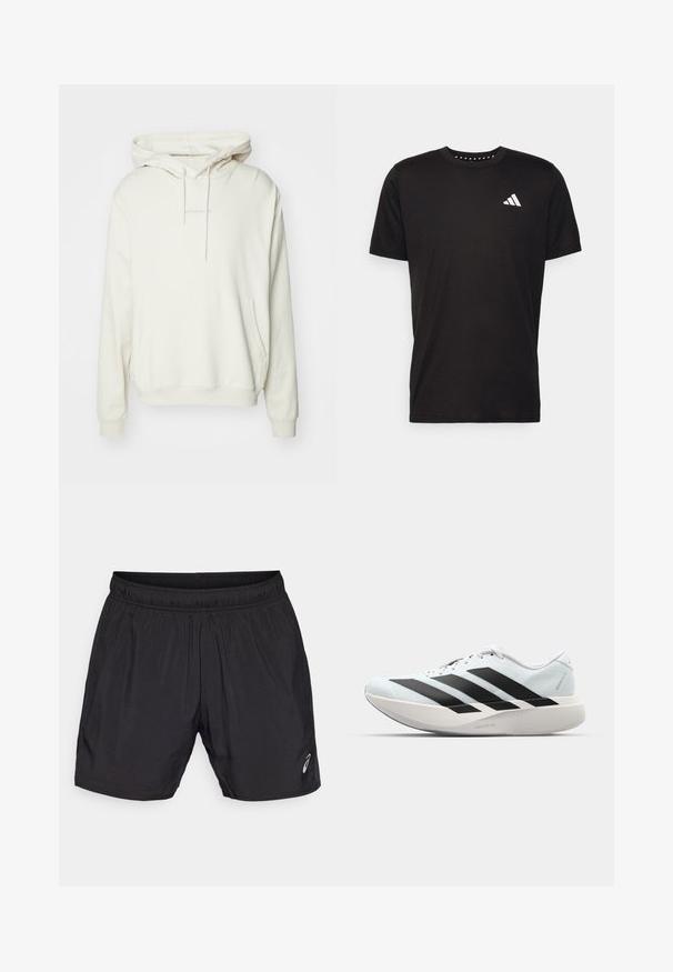 Felpa crema con cappuccio regolabile, tasca frontale e polsini a costine. Presenta un ricamo del nome del brand in posizione centrale. Tessuto morbido.; T-shirt in cotone nero con maniche corte, scollo rotondo e logo bianco sul lato sinistro del petto. Texture liscia e design semplice.; Pantaloni sportivi neri realizzati in materiale leggero, con una vita elastica e un piccolo logo sul lato sinistro inferiore.; Scarpe da corsa leggere di colore azzurro pallido con strisce nere. Presentano una tomaia liscia, punta rotonda e un'ampia intersuola bianca etichettata "LIGHTSTRIKE PRO."