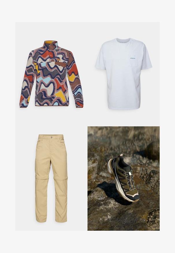 Fleece pullover with a high collar, featuring a multicolored wavy pattern in red, blue, yellow, and brown. Brown accent pocket with button closure.; White cotton t-shirt with short sleeves, round neck, and a left chest pocket featuring a blue "Patagonia" logo. Classic fit with a smooth texture.; Beige zip-off pants with a smooth texture, featuring two side pockets, a button closure, and roll-up cuffs for versatility.; Hiking shoe in olive green and black with pink accents. Features a textured upper, flexible sole, reinforced toe cap, and colorful lacing system.