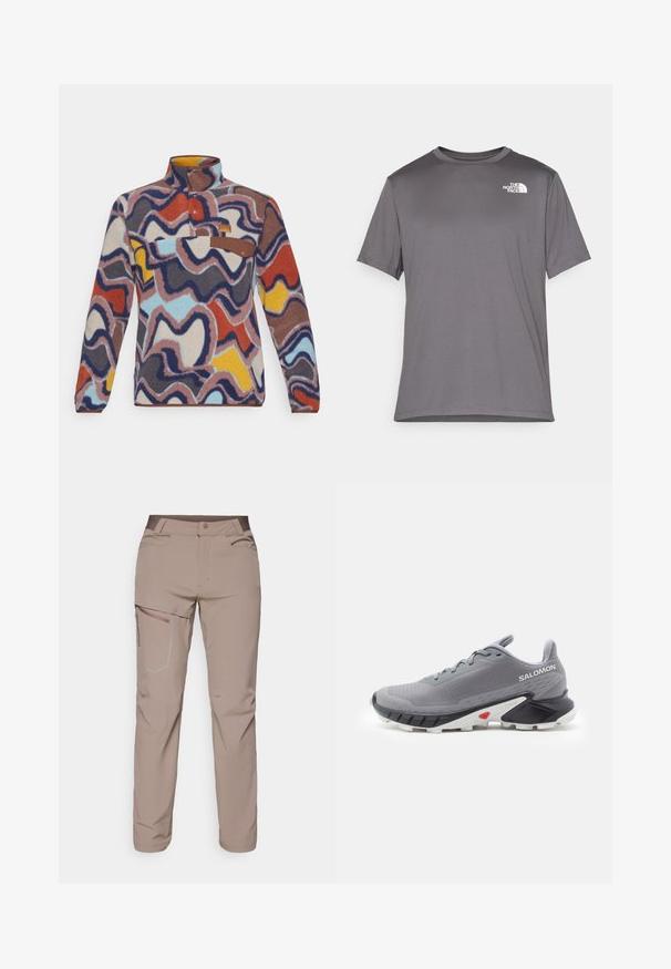 Fleece-Pullover mit hohem Kragen, der ein mehrfarbiges wellenförmiges Muster in Rot, Blau, Gelb und Braun aufweist. Braune Akzenttasche mit Knopfverschluss.; Graues sportliches T-Shirt mit kurzen Ärmeln, aus glattem, leichtem Stoff. Verfügt über ein weißes Logo auf der linken Brustseite. Rundhalsausschnitt.; Salomon WAYFARER PANTS - Outdoor-Hose - iron; Graue Laufschuhe mit strukturiertem Mesh-Obermaterial, schwarzer und weißer Gummisohle sowie roten Akzenten nahe der Ferse. Verfügt über Schnürsenkel und ein unterstützendes Design.