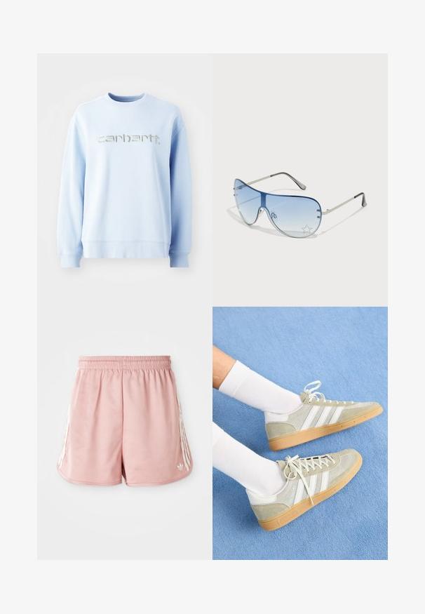 Svetlomodrá mikina s okrúhlym výstrihom vyrobená z mäkkého materiálu, na prednej strane s výrazným strieborným vyšitým logom "carhartt".; Ružové športové šortky s elastickým pásom, bočnými bielymi pruhmi a malým logom na dolnom ľavom prednom diely. Hladká textúra látky.; Svetlosivé semišové tenisky s bielymi gumovými detailmi, so tromi bielymi prúžkami a gumenou podrážkou, nosené s bielymi ponožkami na modrom pozadí.; Pilotné slnečné okuliare s prechodovým modrým sklom, strieborným kovovým rámom a ozdobnými hviezdičkovými akcentmi na sklách. Hladký a elegantný dizajn.