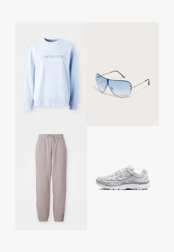 Svetlomodrá mikina s okrúhlym výstrihom vyrobená z mäkkého materiálu, na prednej strane s výrazným strieborným vyšitým logom "carhartt".; Svetlomauve flísové tepláky s elastickým pásom, šnúrkou, bočnými vreckami a elastickými manžetami, zobrazené položené na bielom pozadí.; Svetlo šedé športové topánky s vrchom z ďalekého a syntetického materiálu, so šnurovacím uzáverom, polstrovaným golierom a štruktúrovanou podrážkou pre lepšiu priľnavosť.; Pilotné slnečné okuliare s prechodovým modrým sklom, strieborným kovovým rámom a ozdobnými hviezdičkovými akcentmi na sklách. Hladký a elegantný dizajn.