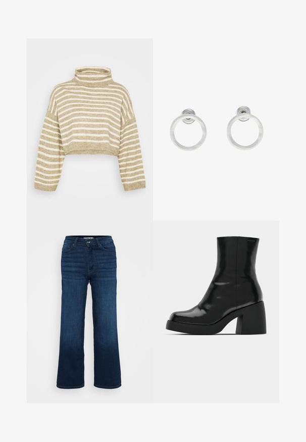 ONLY Petite ONLTALIO STRIPE SHORT ROLLNECK - Neule - weathered teak/birch melange; Even&Odd Petite 2 PACK - Toppi - light grey/black; ONLY Petite ONLMADISON BLUSH WIDE - Leveälahkeiset - dark blue denim; Mustat nilkkurit, joissa on kiiltävä pinta, neliön muotoinen kärki ja paksu lohkoheel. Muotoilussa on saumatonta siluettia ja vähäistä brändäystä.; Hopeista valmistetut korvakorut, joissa on harjattu pinta, ympyrän muotoinen muotoilu ja kirkas varsi takana, joka takaa turvallisen käytön.