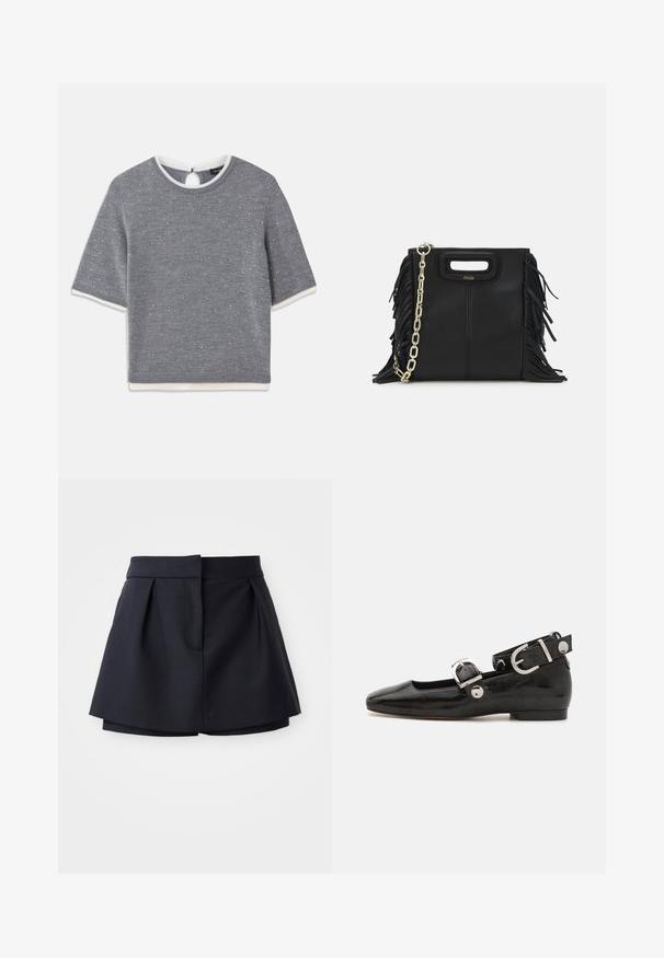 Siva kratka majica s kratkimi rokavi in okroglim izrezom, ki ima teksturiran vzorec ter bele rebraste obrobe pri ovratniku in robu. Podrobnost na zadnji strani v obliki ključavnice.; Mornarske plisirane kratke hlače z visoko pasom, izdelane iz gladkega materiala. Imajo prilegajoč dizajn in skrito sprednjo žep.; Črne lakaste balerinke s kvadratnim prstom, trakovi okrog gležnja z zlatimi dodatki in ravnim podplatom. Gladka tekstura z minimalističnim dizajnom.; Črna usnjena ročna torba z detajli fringa, zlatim verigo za rame in izrezanim ročajem. Na sprednji strani je nameščen logotip.