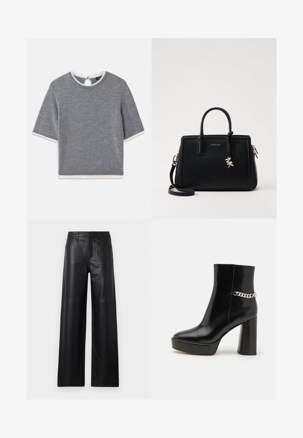 Graues Kurzarmshirt mit runder Ausschnittform, das ein strukturiertes Muster und weiße Rippdetails am Kragen und Saum aufweist. Detail mit Schlüsselbeingrößefach hinten.; Weite schwarze Lederhosen mit glatter Textur, ausgestattet mit Fronttaschen, einem Knopfverschluss und dezenten Steppnähten.; Schwarze Lackleder-Ankle-Boots mit plattenförmigem Absatz und hohem Blockabsatz. Verfügt über einen silbernen Kettenakzent an der Seite. Glatte Textur.; Schwarze Ledertasche mit strukturiertem Design, doppelten oberen Griffen, abnehmbarem Schulterriemen, goldfarbenen Beschlägen und einem Logo-Anhänger.