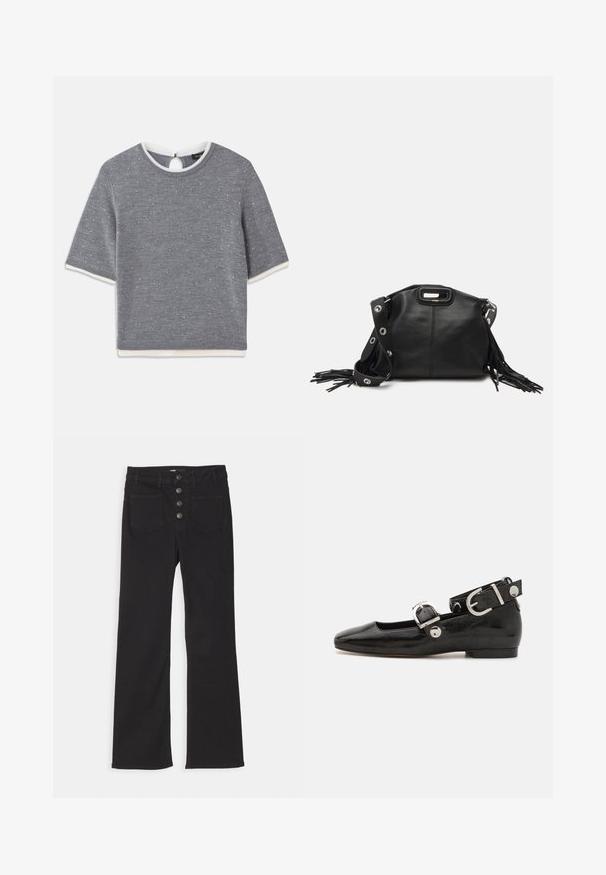 Top gri cu mânecă scurtă, cu decolteu rotund, prezentând un model texturat și accente ribbate albe la guler și pe margine. Detaliu de tip cheiță la spate.; Jeans din denim negri cu talie înaltă, design cu cinci buzunare și închidere frontală cu patru butoane metalice.; Pantofii plano din piele patent neagră, cu vârful pătrat, curea de gleznă cu accesorii din argint și talpă plată. Textură netedă cu un design minimalist.; Maje MISS MINI - Geantă crossbody - noir