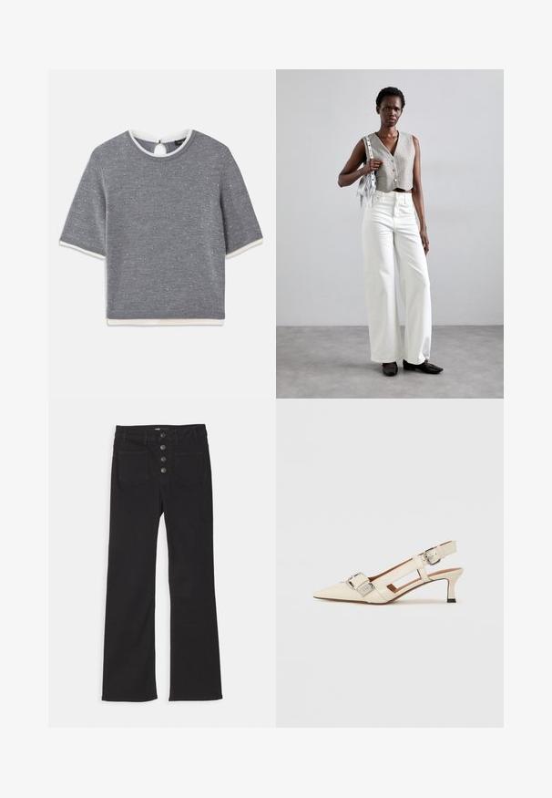 Gray short-sleeve top with a round neckline, featuring a textured pattern and white ribbed accents at the collar and hem. Keyhole back detail.; Black denim flared jeans with a high waist, five-pocket design, and a front button closure featuring four metal buttons.; White leather slingback shoe with a pointed toe, small heel, and adjustable strap featuring a prominent silver buckle detail.; Gray cropped vest with buttons, paired with white wide-leg jeans and black flat shoes. Accessorized with a small silver fringe bag.