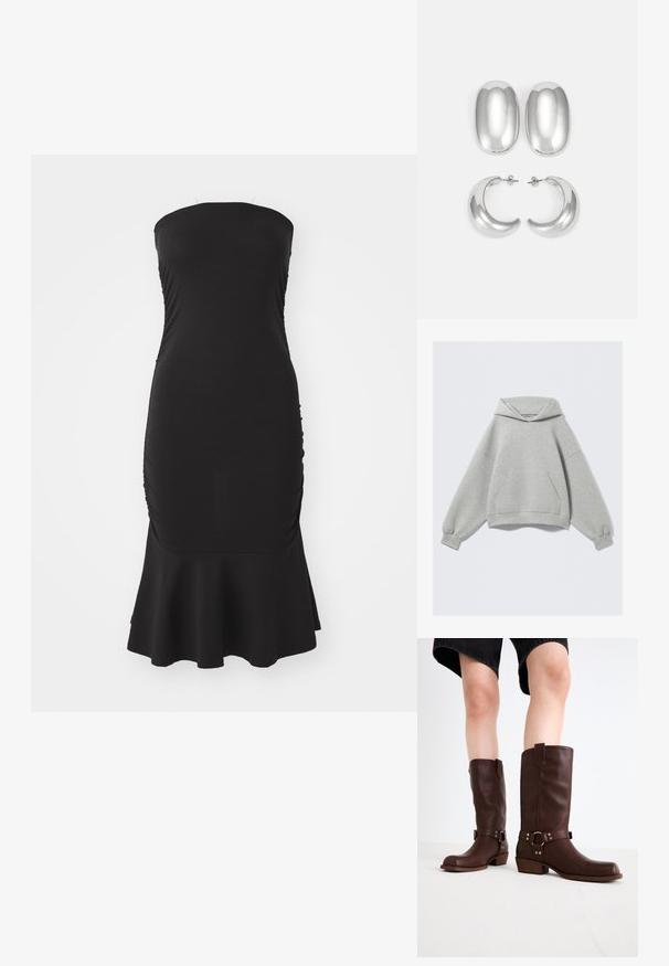 Light gray oversized hoodie with a front kangaroo pocket and elastic cuffs, laid flat against a plain background.; Black strapless dress made of stretchy fabric, featuring ruching along the sides and a flared hem. Smooth texture with a fitted silhouette.; Brown leather knee-high boots with a rounded toe, textured surface, ankle strap, and silver hardware detail; stacked heel.; Silver-colored earrings set: two oval studs and two crescent-shaped hoops, featuring a glossy, smooth finish and a rounded design.