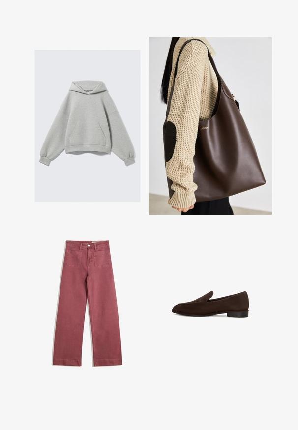 Vaaleanharmaa ylipitkä huppari, jossa on etupuolella kengurupocket ja joustavat hihansuut, asetettuna litteäksi yksinkertaista taustaa vasten.; Valkoinen puuvillapaita, jossa on lyhyet hihat ja pyöreä pääntie. Sisäkauluksessa on vaaleanpunainen etiketti. Sujuva kangas.; Vaatteet, joissa on leveät lahkeet ja hillitty ruusukuosi. Valmistettu kestävästä kankaasta, johon kuuluu kaksi takataskua, nappisulku ja vyölenkit.; Ruskea liukusukka, jossa on sileä pinta, pitkänomainen muoto, matala lohkokanta ja minimalistinen muotoilu. Ei näkyviä kuvioita tai koristeita.; Ruskea nahkainen kassi, jossa on tilava muotoilu. Ominaisuuksina sileä pinta ja hienovarainen kultainen logo. Yhdistetty kermaiseen neulepuseroon.