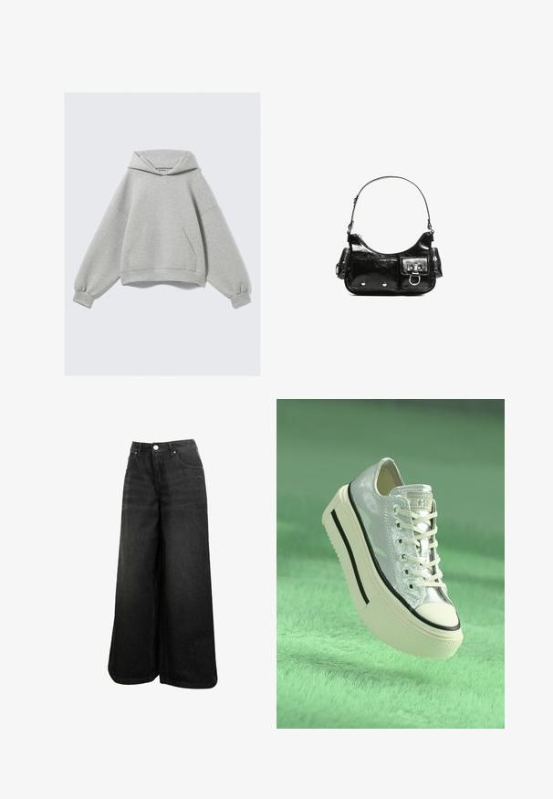 Svetlo siva prevelika kapuca s prednjim kenguruvim žepom i elastičnim manžetama, postavljena ravno na jednostavnoj pozadini.; Črne široke denim hlače z visokim pasom, sprednjim gumbom, žepi in diskretno logo na sprednjem žepu.; Metallic srebrna teniska z platformo, bele vezalke in črnimi detajli. Ima zaobljen nos in teksturiran gumijast podplat.; Črna lakasta usnjena torbica s ukrivljeno obliko, enim ramenskim trakom, sprednjimi žepi in srebrnimi kovinskimi dodatki.
