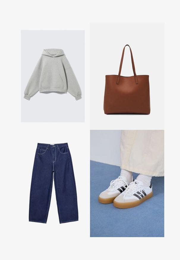 Světle šedá oversized mikina s kapucí, s přední klokaní kapsou a elastickými manžetami, položena na plochém pozadí.; Tmavě modré džínové kalhoty širokého střihu s vysokým pasem, pěti kapsami a kontrastním bílým šitím. Hladký povrch, klasický design.; Bílé tenisky s černými pruhy a béžovými semišovými akcenty. Mají texturovanou gumovou podrážku a ploché bílé tkaničky, nošeny s světlými ponožkami.; Hnědá kožená taška přes rameno s hladkou texturou, otevřeným designem a dvěma ramenními popruhy. Obsahuje minimální švy a žádné viditelné kovové prvky.