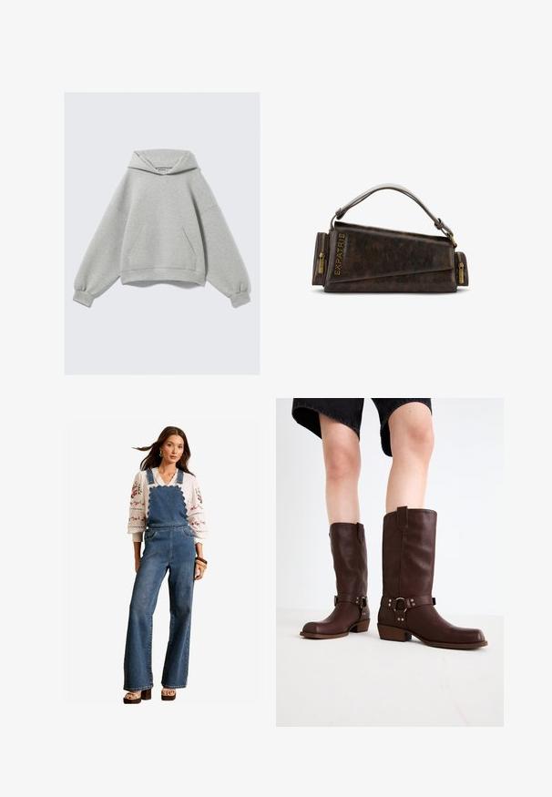 Felpa oversized grigia chiara con tasca a marsupio frontale e polsini elasticizzati, distesa su uno sfondo semplice.; Salopette in denim con un design scallopato sul bavaglino, gambe svasate e tasche laterali. Abbinata a una blusa bianca ricamata e accessori in legno.; Stivali marroni in pelle al ginocchio con punta rotonda, superficie testurizzata, cinturino alla caviglia e dettagli in metallo argentato; tacco impilato.; Borsa a mano in pelle marrone con un design geometrico, caratterizzata da un manico superiore e dettagli in ottone sulla cerniera. Logo stampato a caldo sul lato.