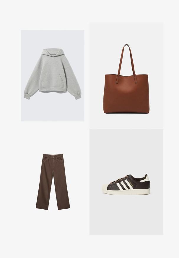 Lys grå oversized hoodie med en frontkangaroo-lomme og elastiske manchetter, lagt fladt mod en ensartet baggrund.; Bredde ben brun denim jeans med høj talje, forlommer og klassisk knaplukning. Glat tekstur med diskret syninger.; Low-top Adidas Superstar-sneaker i mørkebrunt læder med cremefarvet skal-tå, hvide striber og teksten "Superstar" på siden.; Brun læder tote taske med en glat overflade, åben topdesign og to skulderremme. Har minimal syning og ingen synlig hardware.