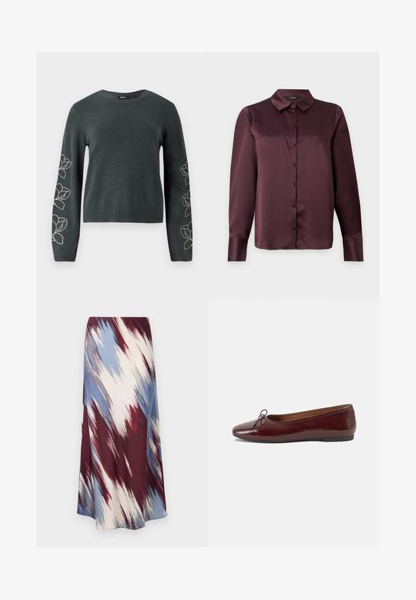Temnozeleni pleteni pulover z dolgimi rokavi, z belimi vezenimi cvetličnimi vzorci ob rokavih ter rebrastim ovratnikom in robom.; Bordo satenska srajca na gumb s klasičnim ovratnikom, dolgimi rokavi in gladko teksturo. Ima sprednji žep s usklajenimi gumbi.; Dolga krila z diagonalnim tie-dye vzorcem v burgundski, modri in kremni barvi, izdelana iz mehkega blaga z tekočim siluetom in rahlim sijajem.; Burgundska patenti usnjeni baletni čevlji z zaobljenim prstom, majhnim lokom na sprednji strani in nizkim črnim gumijastim podplatom. Gladka tekstura.