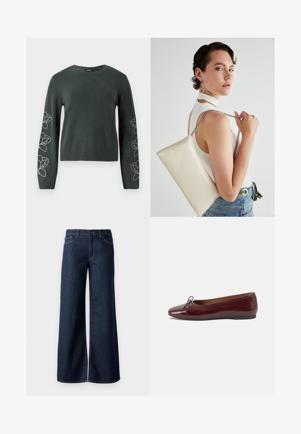 Suéter de punto verde oscuro con mangas largas, que presenta diseños de flores bordadas en blanco a lo largo de las mangas y un escote ribeteado.; Jeans de pierna ancha en denim azul oscuro. Presenta costuras en contraste, cinco bolsillos y un cierre de botón en la cintura. Textura suave.; Bailarina de charol burdeos con punta redonda, pequeño lazo en la parte frontal y una suela baja de goma negra. Textura suave.; Bolso de mano rectangular blanco, hecho de un material brillante, con una cadena plateada. La modelo posa, mostrando el bolso frente a un fondo liso.