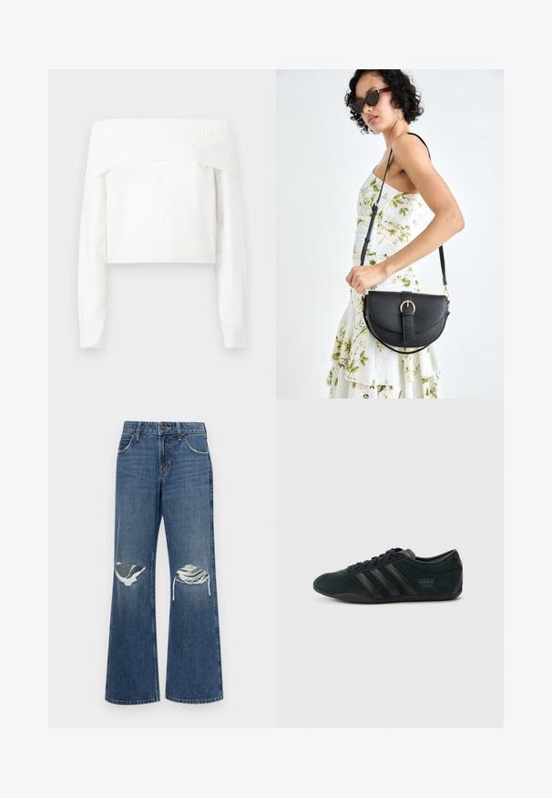 Pull blanc à épaules dénudées en maille douce, avec des manches longues et des accents côtelés le long de l'encolure et des poignets.; Jean large en denim bleu moyen, avec des déchirures aux genoux, des bords bruts, et un design classique à cinq poches avec fermeture à bouton en métal.; Chaussure de sport en daim noir avec trois bandes noires, un bout arrondi et une semelle plate avec un logo discret sur le talon.; Sac à main en cuir noir avec une forme courbée, bandoulière amovible et des accessoires en or. Le sac est doté d'un rabat avec un détail de boucle.