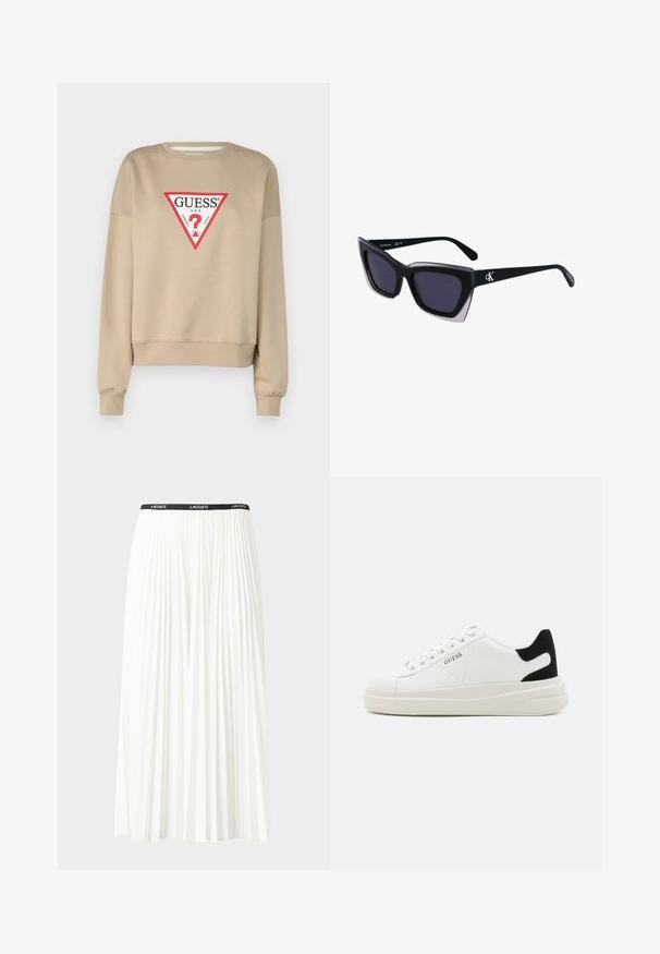 Guess Jeans ICONIC TRIANGLE - Mikina - travertine sand; Plisovaná biela sukňa s čiernym elastickým pásom s logom "LACOSTE". Sukňa je stredne dlhá a má mäkkú textúru.; Biele kožené tenisky s hrubou bielou podrážkou, čiernym zamekom na päte a vyrazeným logom na boku. Šnurovací dizajn so šiestimi očkami.; Čierne oversized slnečné okuliare s geometrickým tvarom, s tmavými šošovkami a kontrastným šedým detailom na ráme. Logo na mostíku.