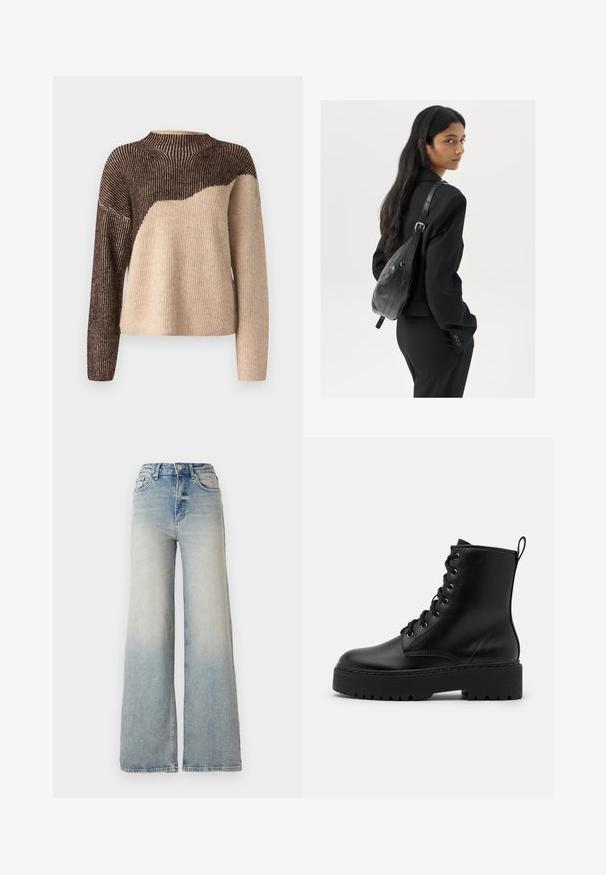 VILA VIKARLA - Pullover - brown/beige; Jeans large en denim bleu clair, à taille haute, avec cinq poches et couture visible le long des coutures.; Bottine en cuir noir avec une semelle épaisse et texturée, bout rond et œillets en métal pour les lacets. Présente une languette à l'arrière.; Femme avec de longs cheveux foncés portant un costume noir, portant un sac à épaule en cuir noir, regardant par-dessus son épaule contre un fond blanc.