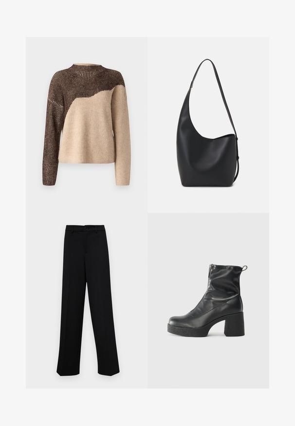 VILA VIKARLA - Pullover - brown/beige; Pantalons larges noirs en tissu lisse, avec une taille classique à fermeture à bouton et des plis sur le devant.; Bottes noires à la cheville en cuir lisse, dotées d'une fermeture éclair sur le côté, d'un talon épais texturé et d'une conception à bout rond.; Sac hobo en cuir noir avec une texture lisse, une forme incurvée et une seule sangle réglable ; dispose d'une large ouverture en haut.