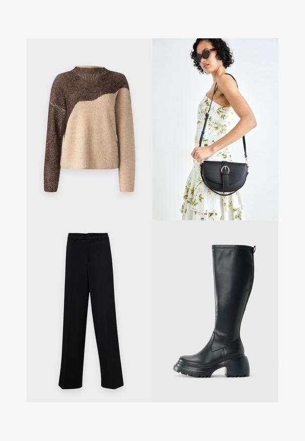 VILA VIKARLA - Strickpullover - brown/beige; Schwarze, weit geschnittene Hosen aus glattem Stoff, mit einem klassischen Taillenbund und einem Knopfverschluss sowie vorderen Falten.; Hoher schwarzer Lederstiefel mit einer robusten Plateausohle und Blockabsatz, der über eine Zuglasche und ein strukturiertes Profil an der Außensohle verfügt.; Schwarze Lederhandtasche mit geschwungener Form, abnehmbarem Tragegurt und goldenen Beschlägen. Die Tasche verfügt über einen Deckel mit einer Schnallen-Details.