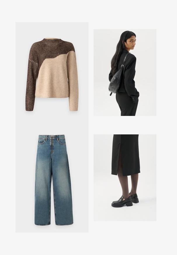 VILA VIKARLA - Strickpullover - brown/beige; Übergroße Denim-Jeans in einer hellblauen Waschung. Mit einem Reißverschluss und einem Knopfverschluss sowie subtilen Ausbleichungen für einen worn Look.; Schwarze Lederschuhe mit abgerundetem Zeh, dicker Blockabsatz und elastischen seitlichen Akzenten, kombiniert mit dunklen Strumpfhosen und einem schwarzen Rock mit Schlitz.; Frau mit langen dunklen Haaren, die einen schwarzen Anzug trägt und eine schwarze Lederschultertasche hält, schaut über ihre Schulter vor einem weißen Hintergrund.