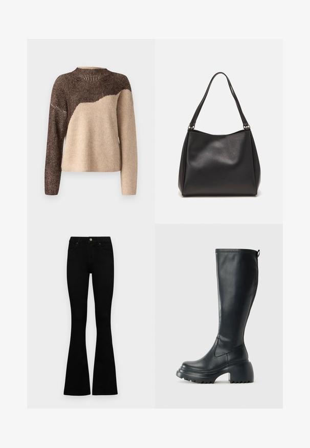 VILA VIKARLA - Jersey de punto - brown/beige; Jeans negros de cintura alta con cierre de botón y cremallera, bolsillos frontales y piernas acampanadas, dispuestos sobre un fondo blanco.; Bota alta de cuero negro con suela de plataforma gruesa y tacón cuadrado, que cuenta con una lengüeta y un relieve texturizado en la suela exterior.; Bolso de mano de cuero sintético negro con una textura suave, forma de hobo y doble asa; presenta un acabado brillante y un diseño minimalista.