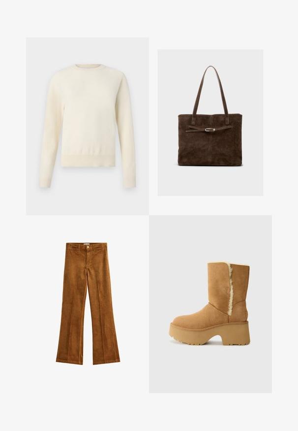 Light cream-colored sweater with long sleeves, round neckline, and ribbed hem. Made from a soft material, featuring a smooth texture.; Brown corduroy flared pants with a textured finish, five pockets, and a button closure. Flat waist with belt loops and a wide leg design.; UGG NEW HEIGHTS CUFF - Winter boots - chestnut; Brown suede tote bag with long handles, featuring a flat body and a decorative strap with a silver-tone hardware accent.