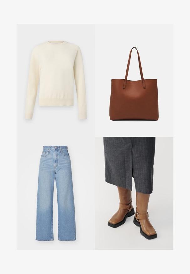 Šviesiai kreminės spalvos megztinis su ilgomis rankovėmis, apvaliu iškirpimu ir raukšlėtu apvadu. Pagamintas iš minkštos medžiagos, pasižymi lygiu paviršiumi.; Šviesiai mėlynos aukšto liemens plačios kojos džinsai su priekiniais užtrauktukais ir sagom, priekinėmis ir galinėmis kišenėmis, ant baltos fono.; Rudi odai odžemkrautės su kvadratiniais pirštais, juodu gumuotu padu ir reguliuojamu sagties akcentu. Dėvimi su pilka smailiu juostelių sijonu.; Ruda odinė priekabų krepšys su glotnia tekstūra, atviru viršumi ir dviem petnešomis. Su minimalia siuvimo detalėmis ir nematoma aparatūra.