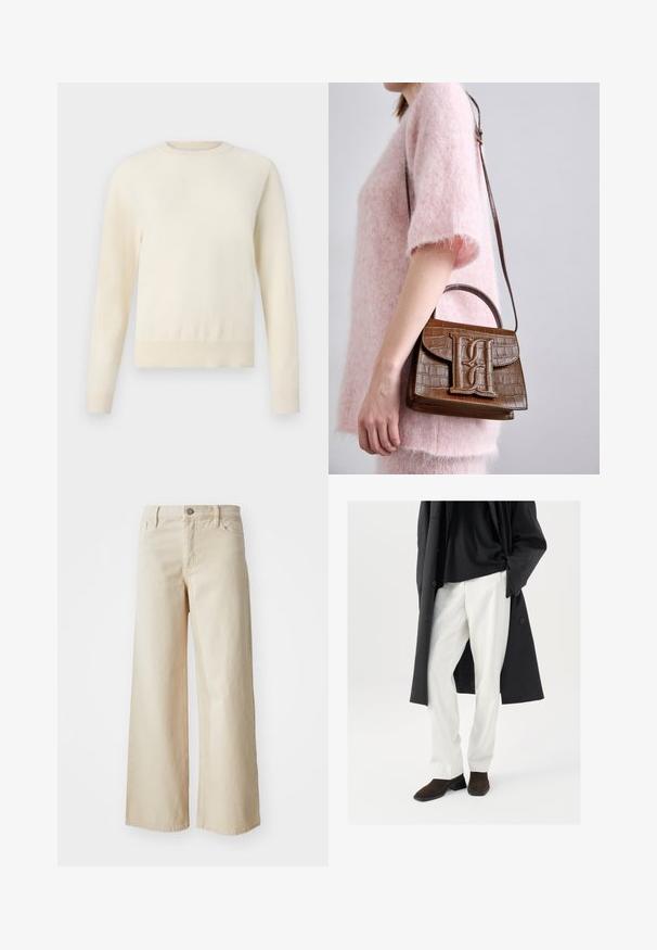 Svijetlosmeđi pulover s dugim rukavima, okruglim izrezom i rebrastim rubom. Izrađen od mekog materijala, s glatkom teksturom.; Bež traperice širokih nogavica, s visokim strukom, kopčanjem na gumb, petljama za remen i bočnim džepovima. Glatka tekstura i ležeran kroj.; Crni kaput s gumbima preko crne košulje, uparen s bijelim hlačama i smeškim nubuk cipelama. Kaput ima ležeran kroj i glatku teksturu.; Smeđa torba od krokodilske kože s gornjom ručkom i naramenicom. Ima istaknuti logo na prednjem preklopu. Mekana tekstura.