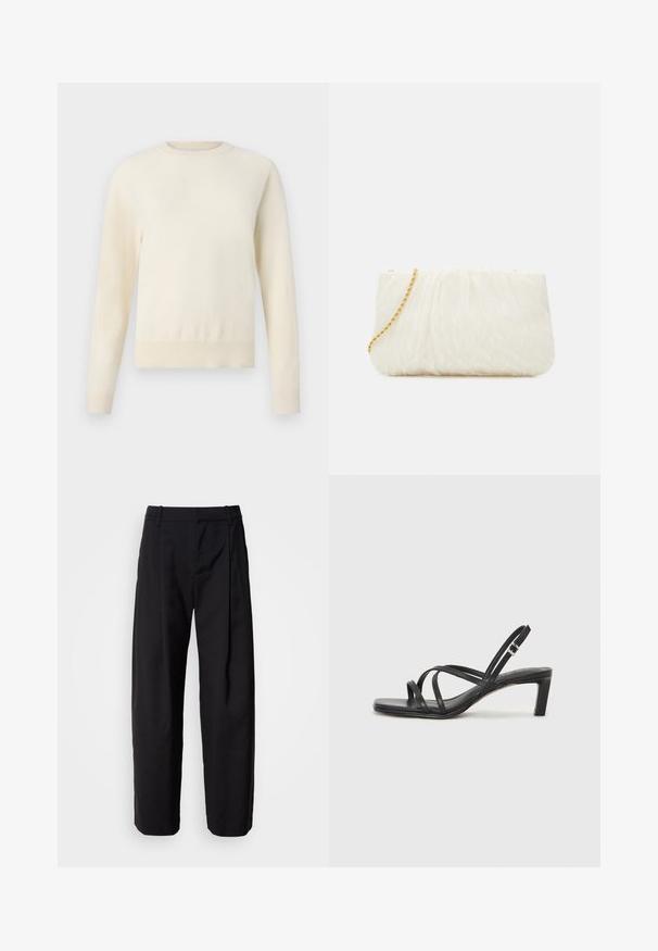 Hellcremefarbener Pullover mit langen Ärmeln, rundem Halsausschnitt und geripptem Saum. Hergestellt aus einem weichen Material mit glatter Textur.; Schwarze Hosen mit lockerer Passform, gefaltetem Bund und Gürtelschlaufen. Glattes Material und gerade Beine mit seitlichen Taschen.; Schwarze Sandale mit Riemchen, quadratischer Zehenform und niedrigem Blockabsatz. Verfügt über mehrere dünne Riemen und einen verstellbaren Knöchelriemen. Hergestellt aus glattem Leder.; Weiße, strukturierte Clutch mit einem gerafften Design, ausgestattet mit einem goldenen Kettenriemen. Glatte Oberfläche mit subtilen Wellen und abgerundeten Kanten.