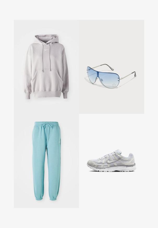 Lys grå bomullshoodie med kengurulomme, justerbare snorer og en liten hvit logo på brystet. Myk tekstur, avslappet passform.; Lyseblå joggebukser laget av myk stoff med elastisk midje, snor detalj, og elastiske ermer ved anklene. Liten logo på siden.; Lys grå sportsko med overdel i mesh og syntetisk materiale, med snøring, polstret krave og strukturert såle for grep.; Pilotbriller med gradient blå linse, sølvfarget metallramme og dekorative stjerneaksenter på linsen. Glatt og stilren design.