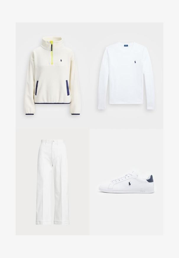 Baltas vilnos megztinis su pusiau užtrauktuku priekyje, tamsiai mėlynos akcentai kišenėse ir apvadėse, bei ryškiai geltona užtrauktuko trauklė. Yra mažas logotipas ant krūtinės.; Balta ilgomis rankovėmis marška, pagaminta iš medvilnės, apvalia kaklaskare. Kairėje krūtinės pusėje yra mažas tamsiai mėlynas logotipas. Paprastas dizainas, reguliaraus kirpimo.; Balti platūs kelnės su aukštu juosmeniu, su mygtuko uždarymu ir subtiliu siuvimo akcentu. Pagamintos iš medvilnės su glotnia tekstūra.; Baltos odinės sportbačiai su lygiu paviršiumi, tamsiai mėlyni akcentai ir mažas logotipas šone. Yra plokščios raišteliai ir tekstūruotas gumos padas.