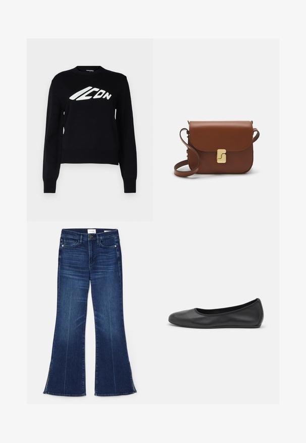 Černý pletený svetr s kulatým výstřihem, žebrovanými manžetami a lemem a výrazným bílým grafickým logem na přední straně.; Tmavě modré zvonové džíny vyrobené z denimu. Mají vysoký pas, přední kapsy a rozparky na lemu. Klasický design s pěti kapsami.; Černé kožené baletní byty s kulatou špičkou, hladkou texturou, minimálními švy a flexibilním designem podrážky.; Hnědá kožená kabelka s klopou, zlatými kovovými detaily, ramenním popruhem a hladkým povrchem. Kompaktní obdélníkový tvar.