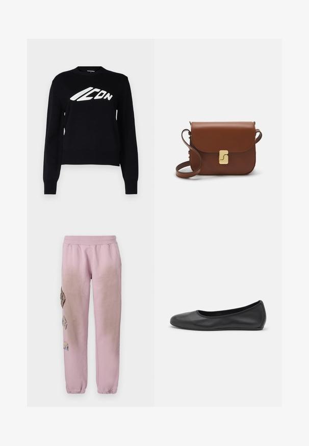 Maglione nero lavorato a maglia con scollo rotondo, polsini e orlo a costina, e un grande logo grafico bianco sul davanti.; Pantaloni della tuta rosa con vita elastica, caratterizzati da toppe decorative a forma di diamante sul lato sinistro e polsini elastici alle caviglie.; Pantofole da balletto nere in pelle con punta arrotondata, texture liscia, dettagli di cucitura minimi e design con suola flessibile.; Borsa a tracolla in pelle marrone con chiusura a pattina, hardware color oro, tracolla e una finitura liscia. Forma rettangolare compatta.