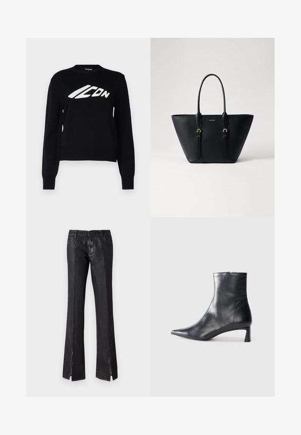 Crni pleteni džemper s okruglim izrezom, rebrastim manžetama i rubom, te istaknutim bijelim grafičkim logotipom na prednjem dijelu.; Crne flared hlače s sjajnom završnom obradom, opremljene s dva prednja džepa i prorezima blizu rubova, izrađene od izdržljive tkanine.; Crne kožne gležnjače s uskim vrhom i elegantnim dizajnom. Imaju niski potpetak i zatvaranje na patentni zatvarač straga. Glatka tekstura.; Crna kožna torba s teksturiranim završetkom, izduženog oblika, s dvostrukim ručkama i zlatnim metalnim detaljima.