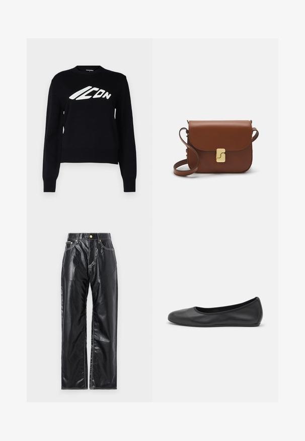 Black knitted sweater featuring a crew neckline, ribbed cuffs and hem, and a prominent white graphic logo on the front.; Black faux leather pants with a wide-leg cut, featuring white stitching, front pockets, and a gold button at the waistband.; Black leather ballet flat with a rounded toe, smooth texture, minimal stitching detail, and a flexible sole design.; Brown leather handbag with a flap closure, gold-tone hardware, a shoulder strap, and a smooth texture. Compact rectangular shape.