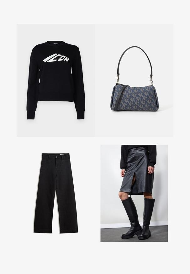 Čierny pletený sveter s okrúhlym výstrihom, rebrovanými manžetami a lemom, a výrazným bielym grafickým logom na prednej strane.; Čierne denimové nohavice s širokými nohavicami a vysokým pásom, so prednými a zadnými vreckami, šitými švami a zapínaním na gombík. Hladká textúra.; Čierna kožená ceruzková sukňa s predným rozparkom, skombinovaná s čiernymi čižmami nad kolená, ktoré majú zipsy a hrubú podrážku pre dodatočnú výšku.; Modrá vzorovaná kabelka vyrobená z látky, so zakriveným tvarom, čiernym koženým popruhom a dizajnom loga v svetlejšej farbe.