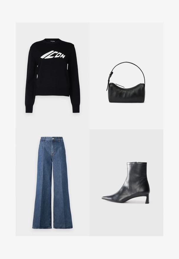 Maglione nero lavorato a maglia con scollo rotondo, polsini e orlo a costina, e un grande logo grafico bianco sul davanti.; Jeans in denim blu a gamba larga con vita alta, caratterizzati da un classico stile a cinque tasche e chiusura con bottone, realizzati in tessuto di cotone testurizzato.; Stivaletto in pelle nera con punta affusolata e design elegante. Presenta un tacco basso e una chiusura con zip sul retro. Texture liscia.; Borsa a tracolla in pelle nera con un design curvo, chiusura a zip e una tracolla sottile. Presenta una texture liscia e dettagli di cucitura discreti.