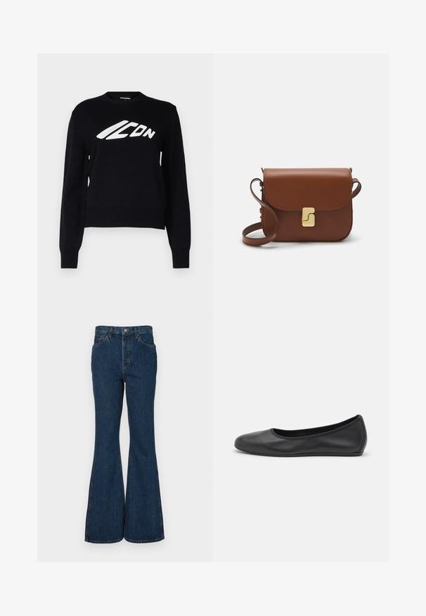 Čierny pletený sveter s okrúhlym výstrihom, rebrovanými manžetami a lemom, a výrazným bielym grafickým logom na prednej strane.; Tmavo modré rozšírené džínsy vyrobené z denimu. Majú vysoký pás, päť vreciek a kontrastné šitie. Hladká textúra a čisté prevedenie.; Čierne kožené baleríny s okrúhlou špičkou, hladkým povrchom, minimálnym prešívaním a flexibilným dizajnom podrážky.; Hnedá kožená kabelka s klopou, zlatými kovovými prvkami, ramenným popruhom a hladkým povrchom. Kompaktný obdĺžnikový tvar.