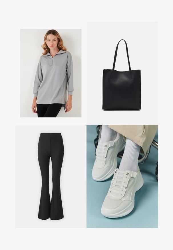 Világosszürke pulóver, fél cipzáros gallérral, hosszú ujjakkal és oldalsó hasítékokkal. Sima textúrájú és laza szabású.; Fekete, bővülő nadrág rugalmas anyagból. Magas derékkal és sima, testhezálló kialakítással rendelkezik, amely a térdtől lefelé bővül.; Fehér sportcipők, amelyek hálós anyagból készültek, gumitalpúak, fűző nélküli kialakítással, rugalmas pántokkal és arany színű kiegészítőkkel rendelkeznek.; Fekete bőrtáska sima felszínnel, téglalap alakú, két hosszú füllel. Nincs látható fémkiegészítő vagy díszítés.