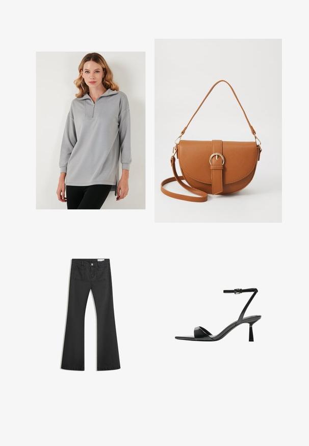 Lichtgrijze pullover sweatshirt met halve rits-kraag, lange mouwen en zijsplitten. Glad textuur en ontspannen pasvorm.; Zwarte flared jeans van denim met een gladde textuur, voorzien van twee achterzakken en een knoopsluiting bij de taille.; Bershka Sandalen met hoge hak - black; Bruine leren schoudertas met een gebogen vorm, gouden hardware en een gespaccent. Bevat een afneembare schouderriem.