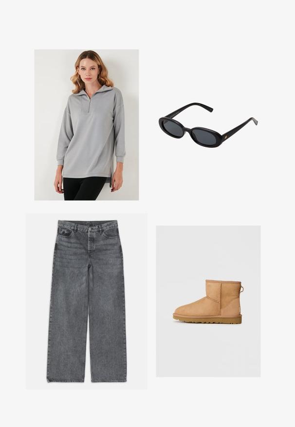Lichtgrijze pullover sweatshirt met halve rits-kraag, lange mouwen en zijsplitten. Glad textuur en ontspannen pasvorm.; Wijdere jeans in donkergrijs denim. Kenmerken zijn een hoge taille, vijf zakken en een sluiting met een knoop aan de voorkant. Glad textuur met subtiele vervaging.; Tan suède enkellaars met ronde neus, gestikte details, trekhaak aan de achterkant en een gestructureerde rubberen zool. Ontworpen voor comfort en warmte.; Zwarte oversized zonnebril met ovale lenzen, een glad plastic montuur en gouden accenten op de pootjes. Donkere lenzen bieden bescherming tegen de zon.