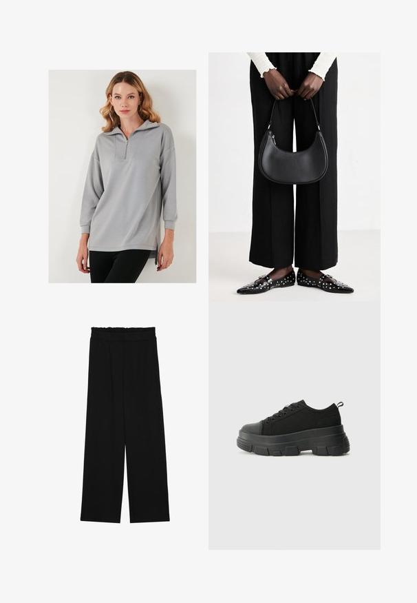 Lichtgrijze pullover sweatshirt met halve rits-kraag, lange mouwen en zijsplitten. Glad textuur en ontspannen pasvorm.; Zwarte wijde broek met een gerimpelde tailleband, voorzien van twee zijzakken en een soepele, lichte stof. Geen zichtbare patronen of hardware.; Zwarte sneakers met een stevige rubberen zool, textiel bovenwerk, ronde neus en vetersluiting. Beschikt over versterkte oogjes en een trekstrip aan de achterkant.; Zwarte lederen schoudertas met een ronde vorm, glanzende afwerking en zilverkleurige hardware. Persoon in zwarte wijde broek en gestifte loafers.